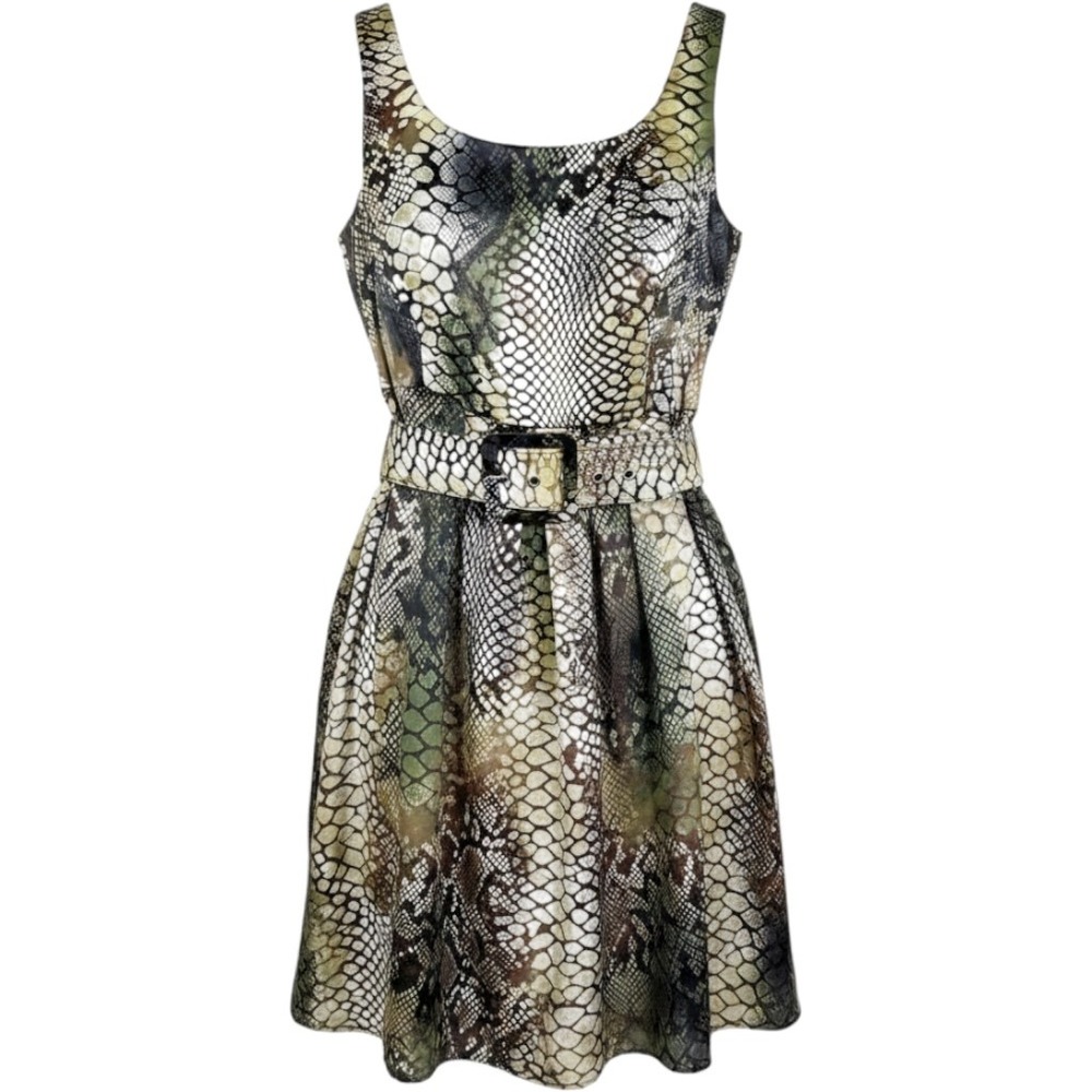 Cato Snake Print Dress Womens 6 Green Gold Good Fit & Flare Belted Sleeveless